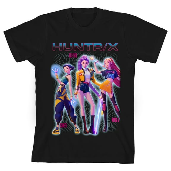 KPop Demon Hunters Huntr/X Group Shot Youth Black Crew Neck Short Sleeve T-shirt-Medium