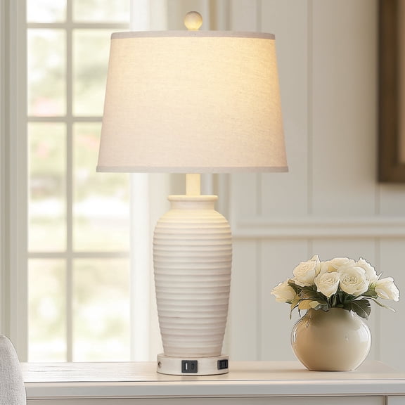 Cinkeda 24" Touch Control Single Table Lamp with USB Type-C Ports AC Outlet Farmhouse White Resin Jar 3 Way Dimmable Nightstand Bedside Lamp for Living Room Bedroom