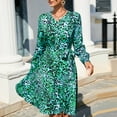 thumbnail image 4 of Wycnly Formal Dresses for Women Tie Waist Ruffle Swing A-line Vintage Midi Dress V-Neck Long Sleeve Leopard Print Summer Knee-Length Dresses Green L Clearance Clothes, 4 of 6