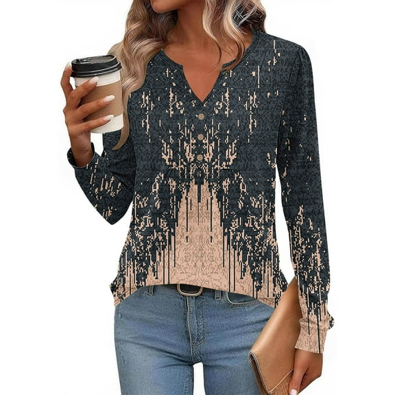 Craaazy Long Sleeve Shirts for Women V Neck Pleated Button Decorate T-Shirts Tunic Tops Casual Blouses Loose Fashion Printed Fall Tees Gifts For Women