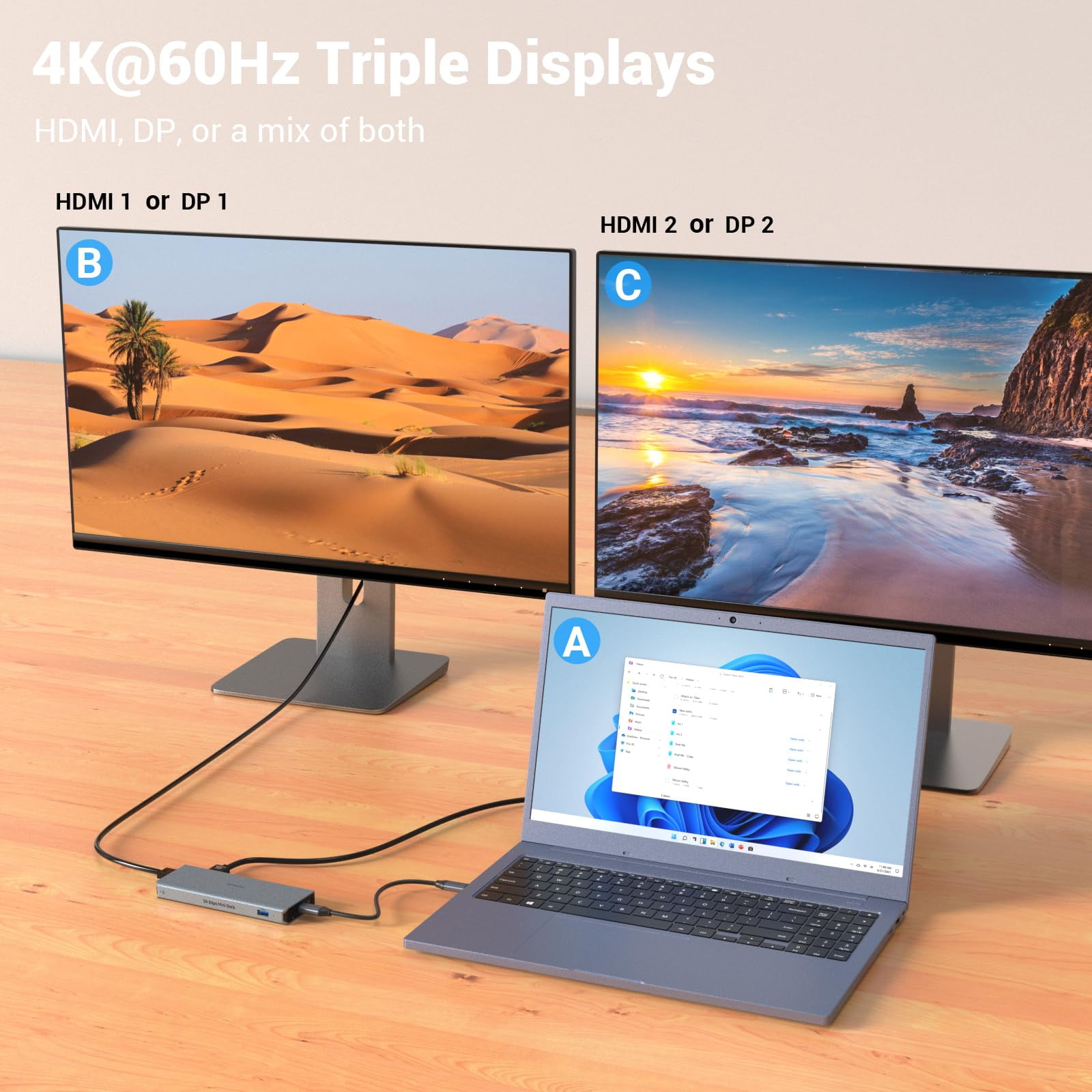 11 in 1 USB C Hub Docking Station with Multi Display for D-ell, Hua-wei, Le-novo - includes 2 C to C and C to A Cables, 2 * 4K HDMI, 2 * 4K DP, 3 * 10Gbps USB-A, Ethernet, PD, 3.5MM Jack