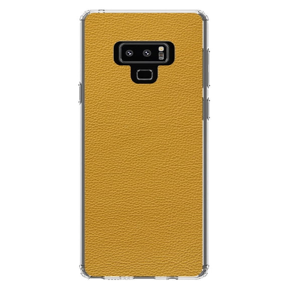 DistinctInk Clear Shockproof Hybrid Case for Samsung Galaxy Note 9 - TPU Bumper, Acrylic Back, Tempered Glass Screen Protector - Yellow Faux Leather Print Design - Printed Leather Image