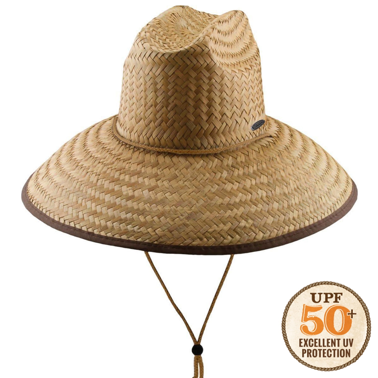 Panama Jack Lifeguard Sun Hat - Palm Fiber Straw, 5" Bound Big Brim, Chin Strap with Toggle, Logo Badge (Coco, One Size Fits Most)