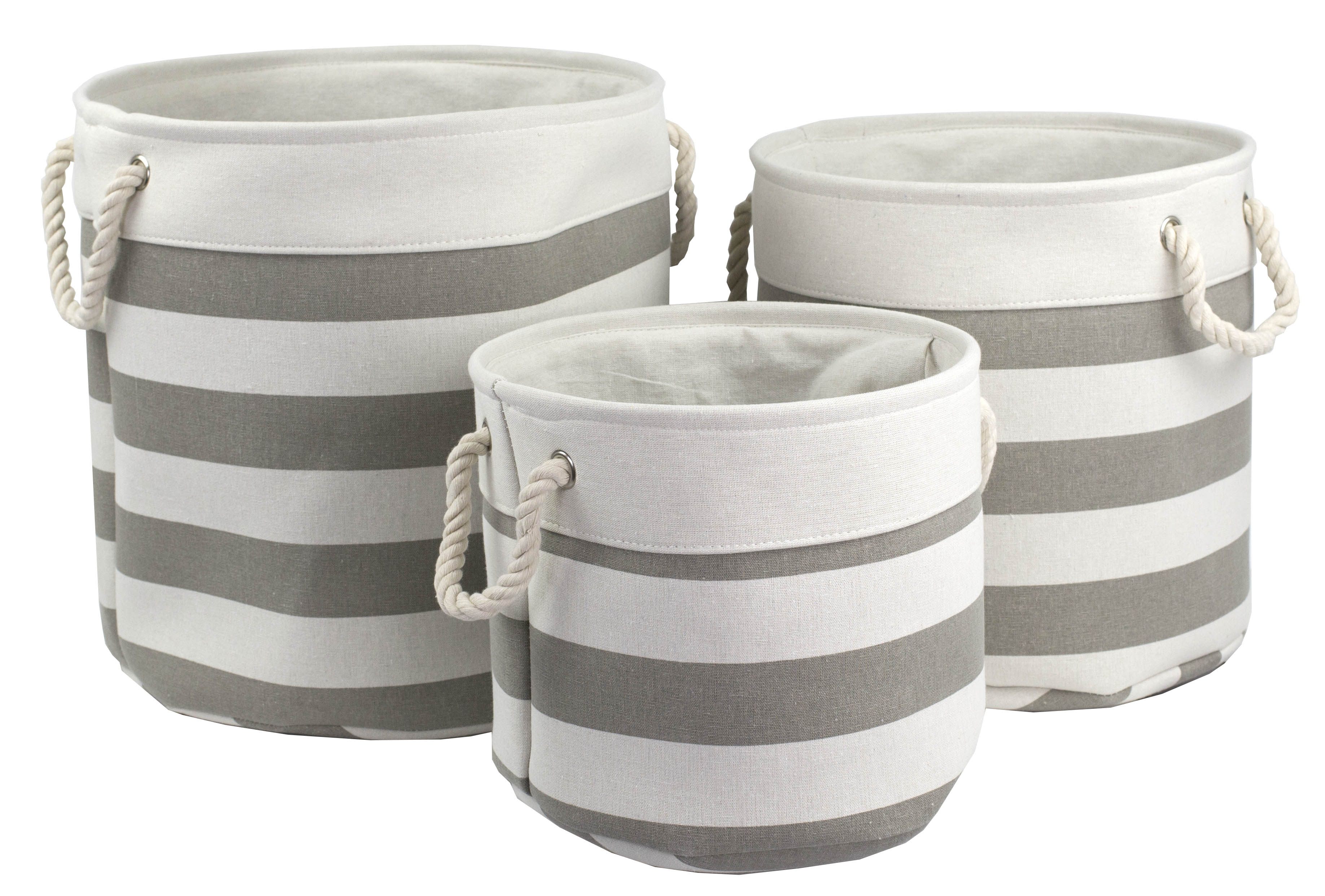 Home Basics 3 Piece Round Canvas Stripe Bin, Grey