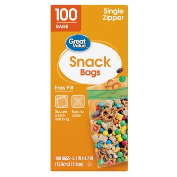 Great Value Fresh Seal Zipper Square Snack Bags, 100 Count