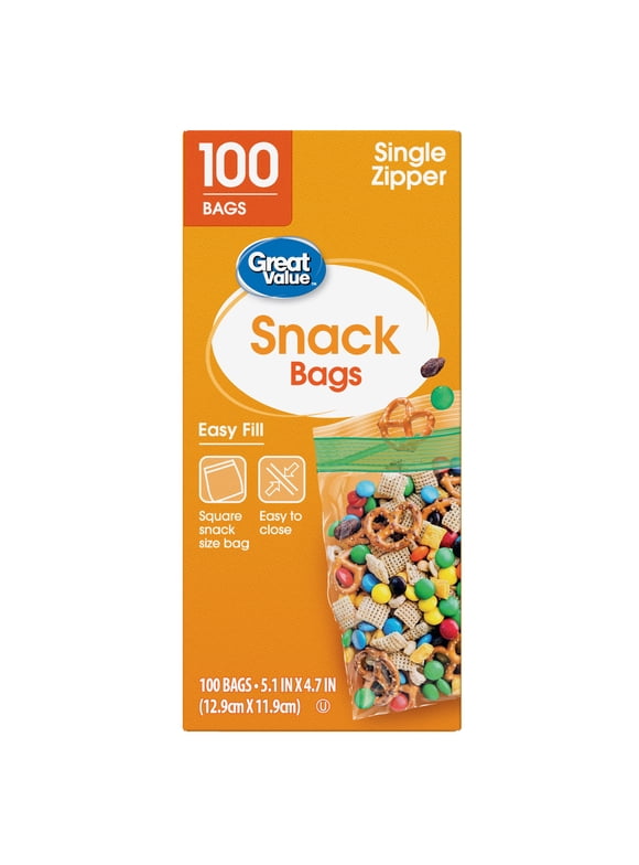 Great Value Fresh Seal Zipper Square Snack Bags, 100 Count