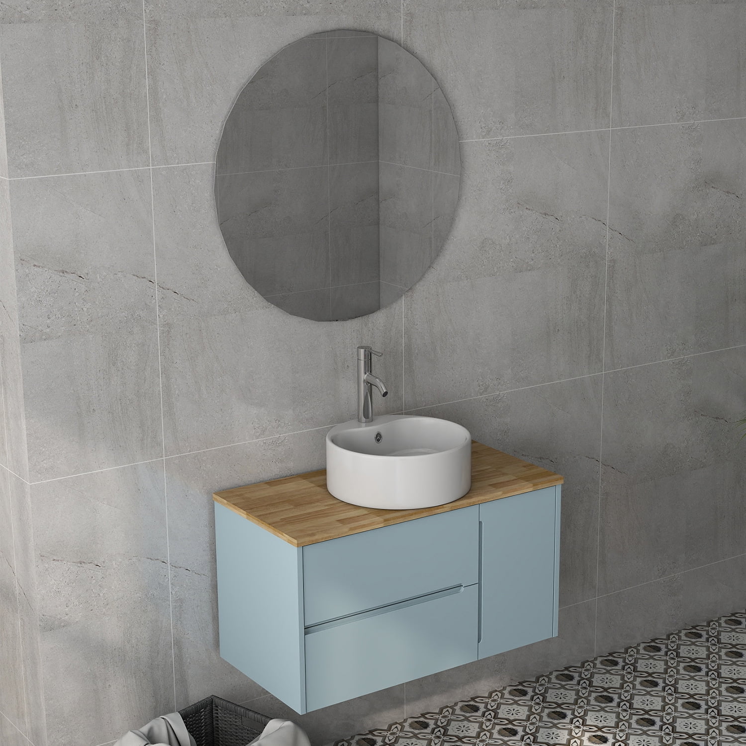 Demi Bonn 35" Single Door Wall Mounted Bathroom Vanities Cabinet with Ceramic Sink, 2 Drawers and Round Mirror, Faucets and Drains Not Included, Blue