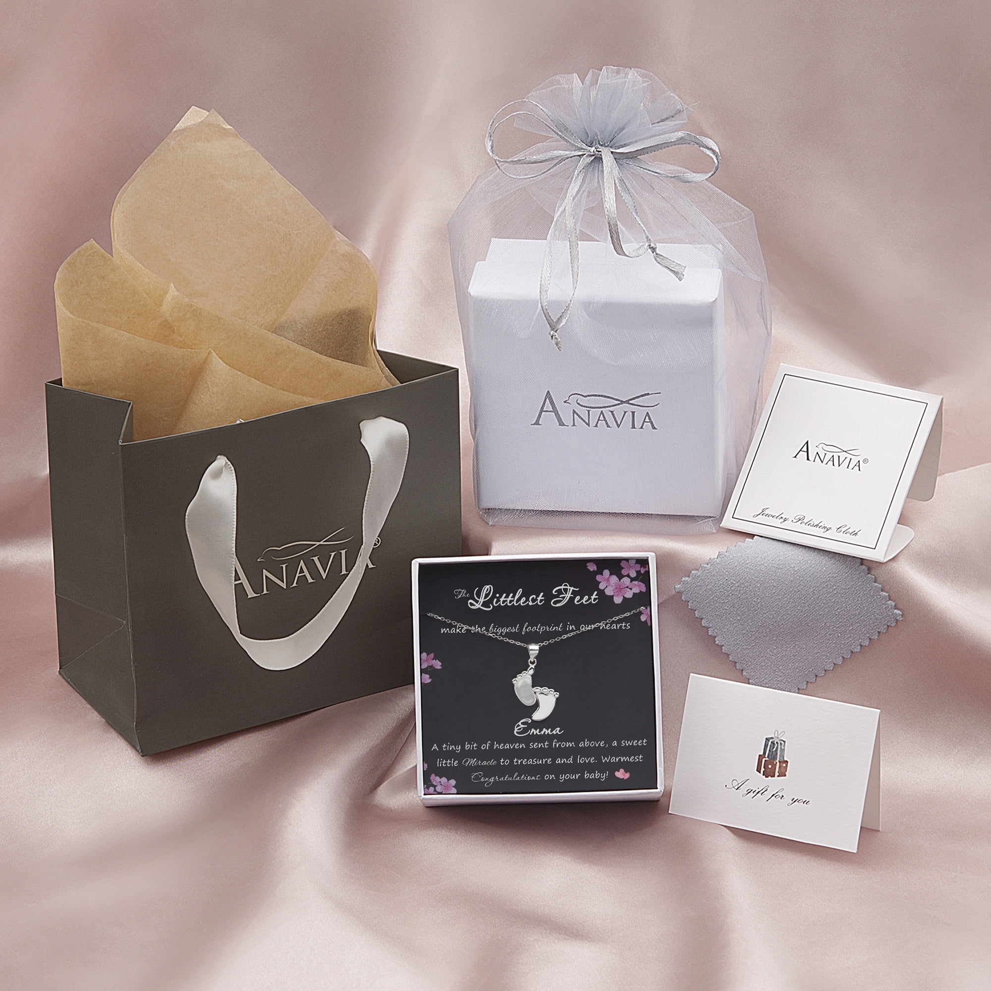 Anavia New Mom Necklace Baby Shower Gift, Baby Littlest Feet 925 Sterling Silver Gift Card, Congratulations Gift -[Custom Name]