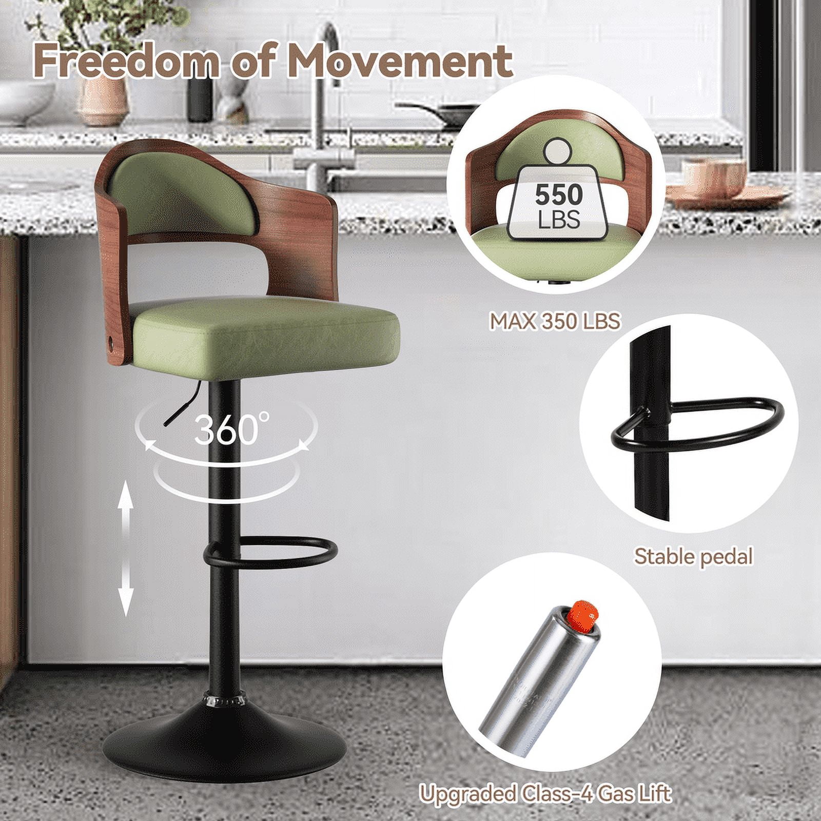 Hawsaiy Wooden Bar Stools Set of 2, Adjustable Height 24.5-33.5IN, Wooden Bar Chairs with PU Leather Upholstery, Back & Footrest for Kitchen, Dining, and Home Bar