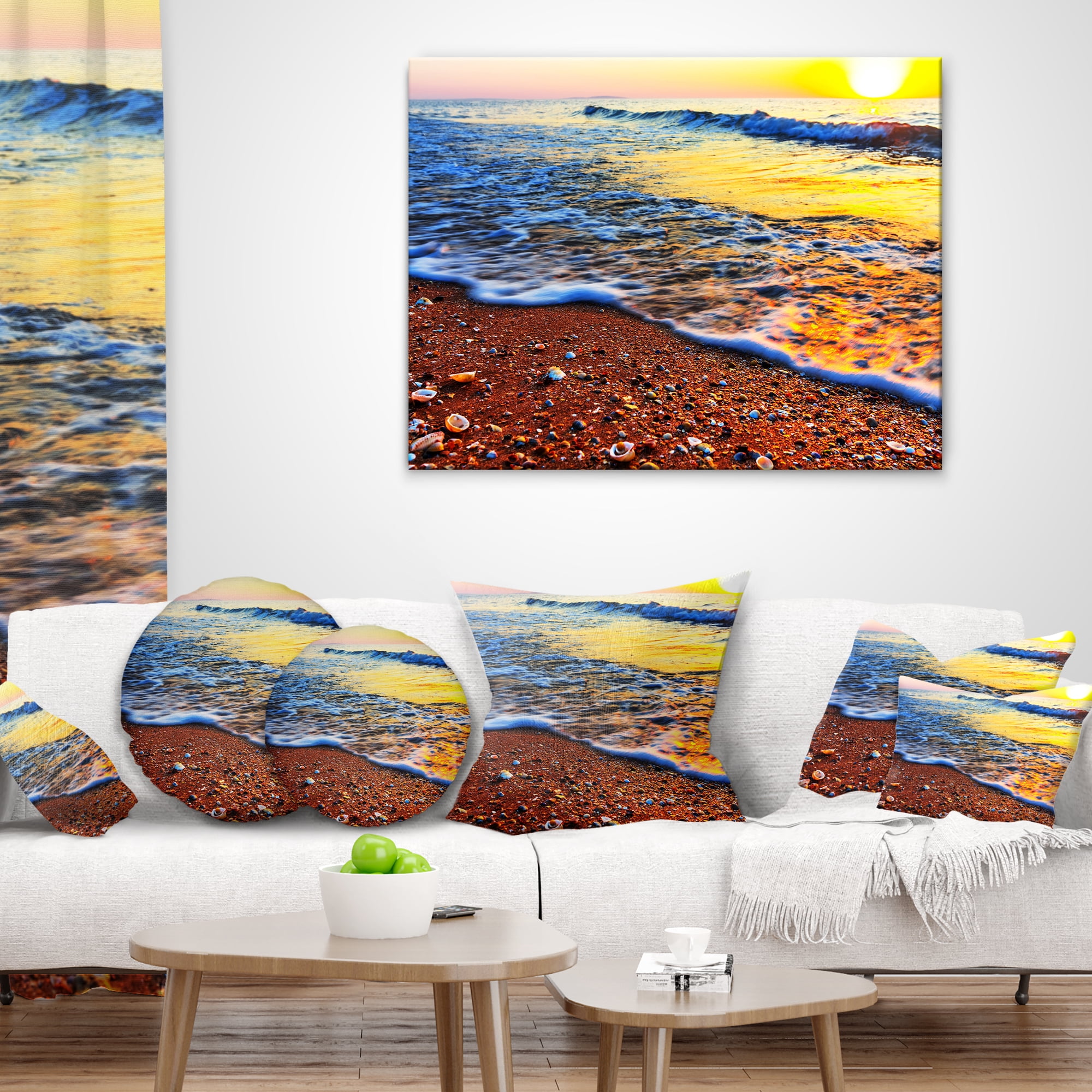 Designart Sunset Reflecting in Blue Waves - Seashore Throw Pillow - 18x18