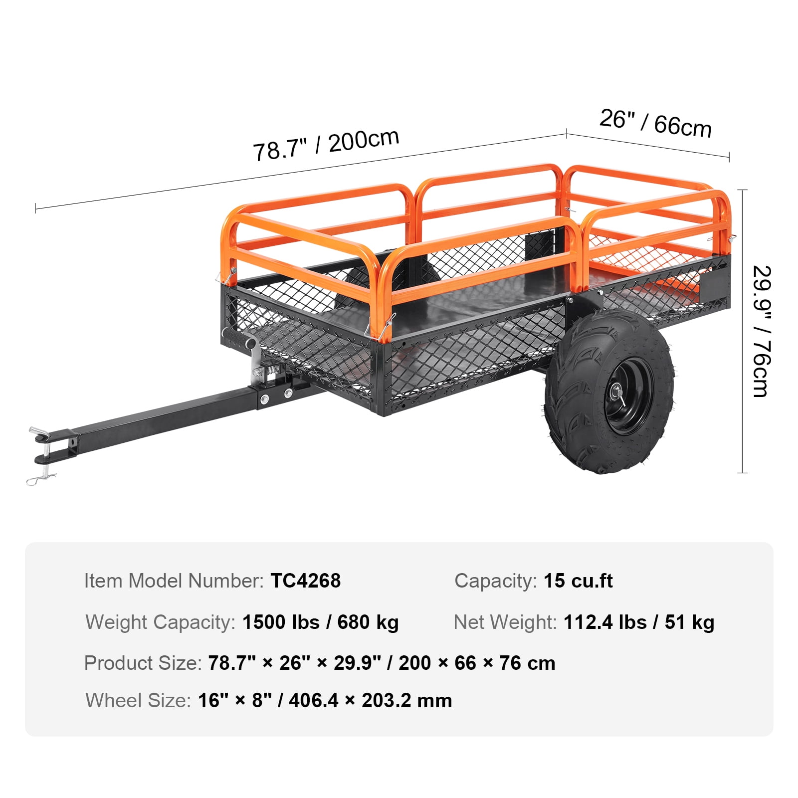 KFFKFF Dump Trailer Tow Behind Dump Cart, 1500 Lbs 15 Cu.Ft Steel ATV Hauling Trailer, Garden Trailers with Detachable Sides and 2 Wheels for Lawnmowers, Tractors, ATV, UTV