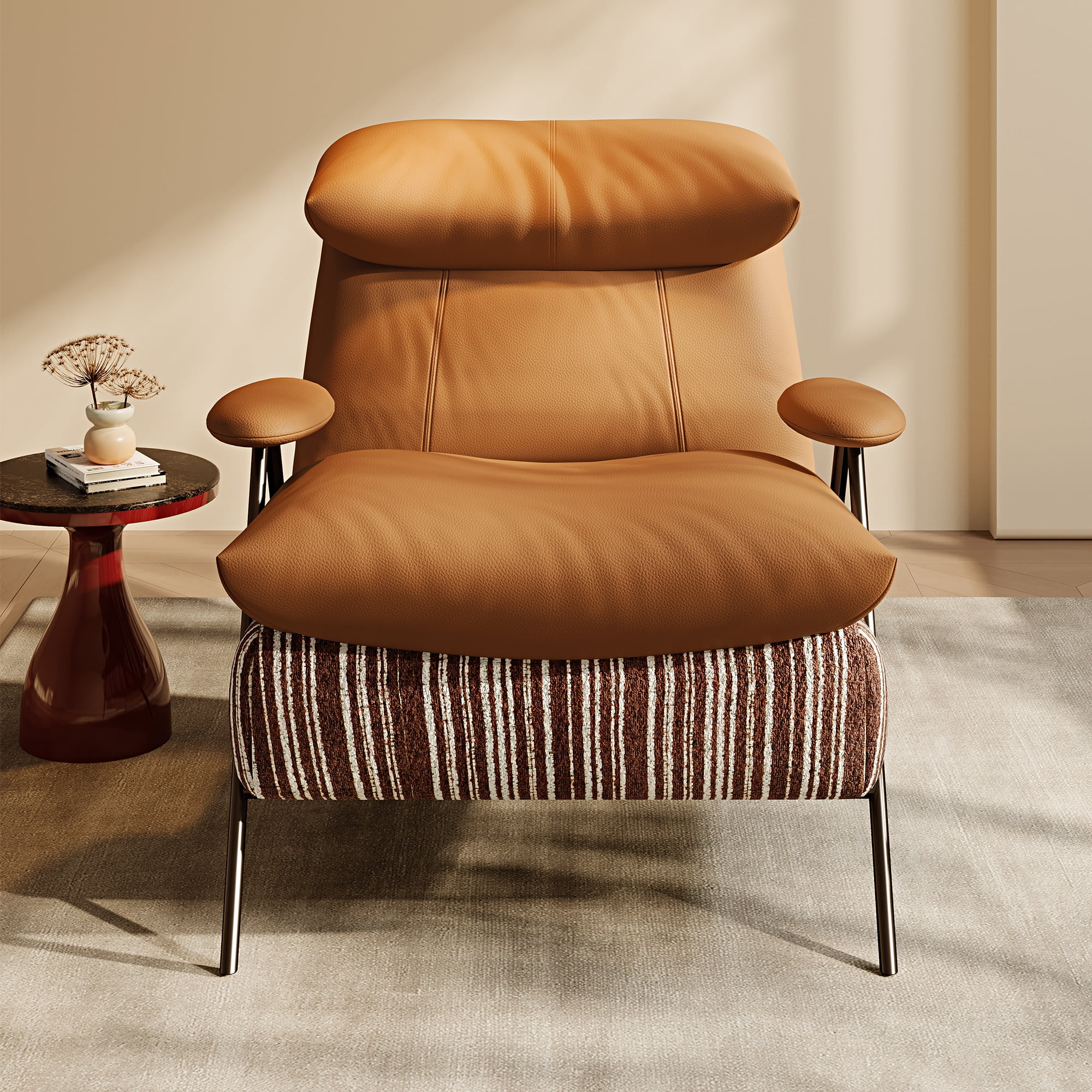 Minimalist Casual Single Chair With Solid Wood Frame, Upholstered In Leather And Chenille Fabric, Fits Balconies, Living Rooms And Bedrooms