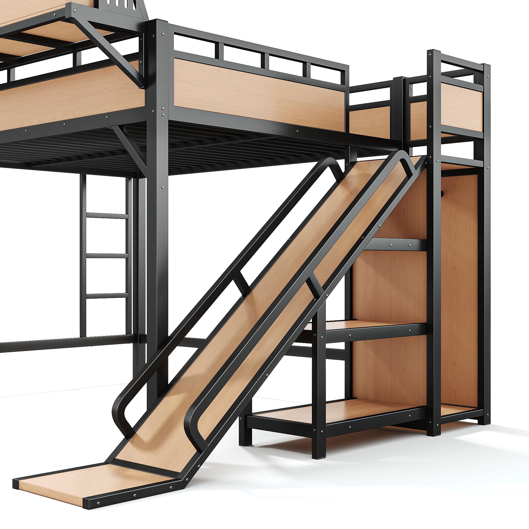Aukfa Queen Loft Bed with Slide, Shelves, Wardrobe, USB Ports & LED Lights, Heavy-Duty Metal Bed Frame for Kids Teens Adults, Natural