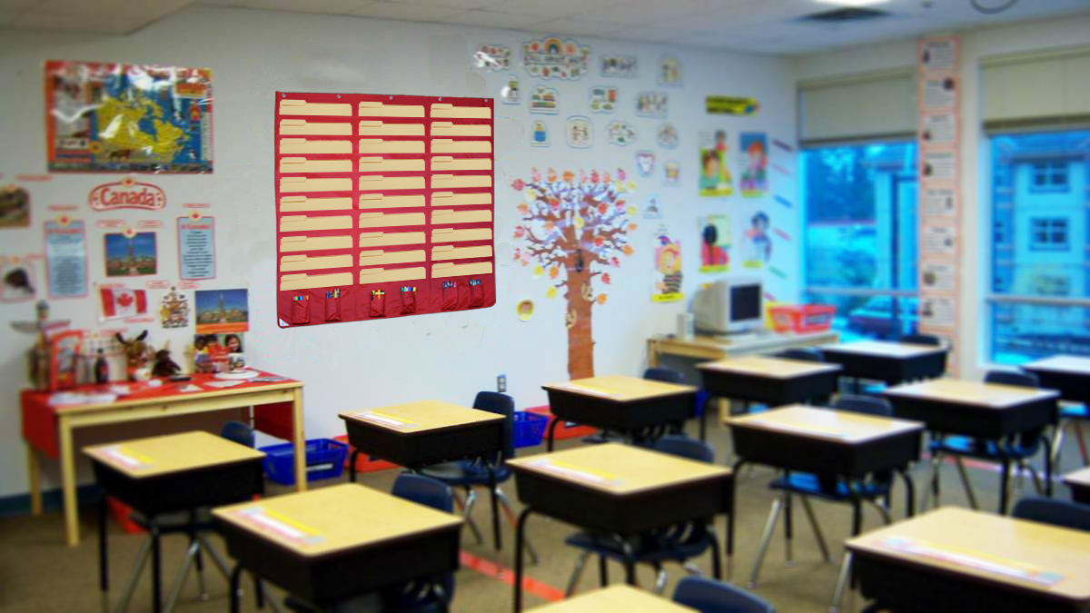 Classroom with hanging file organizer.