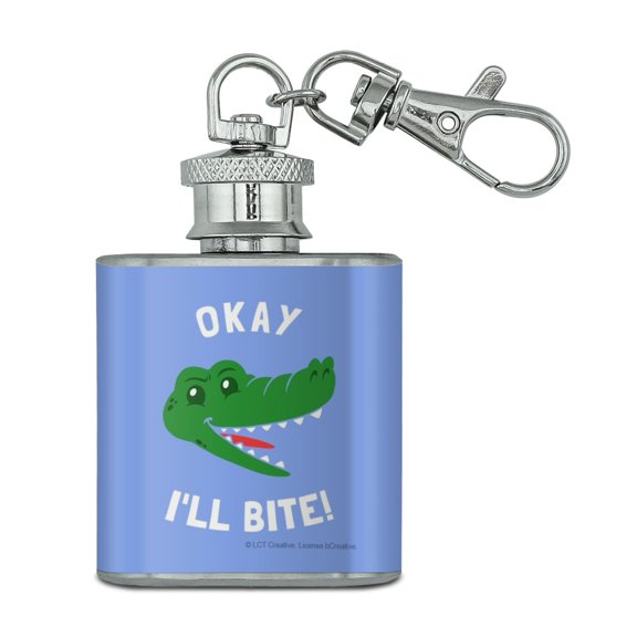 Okay I'll Bite Crocodile Alligator Funny Humor Stainless Steel 1oz Mini Flask Key Chain