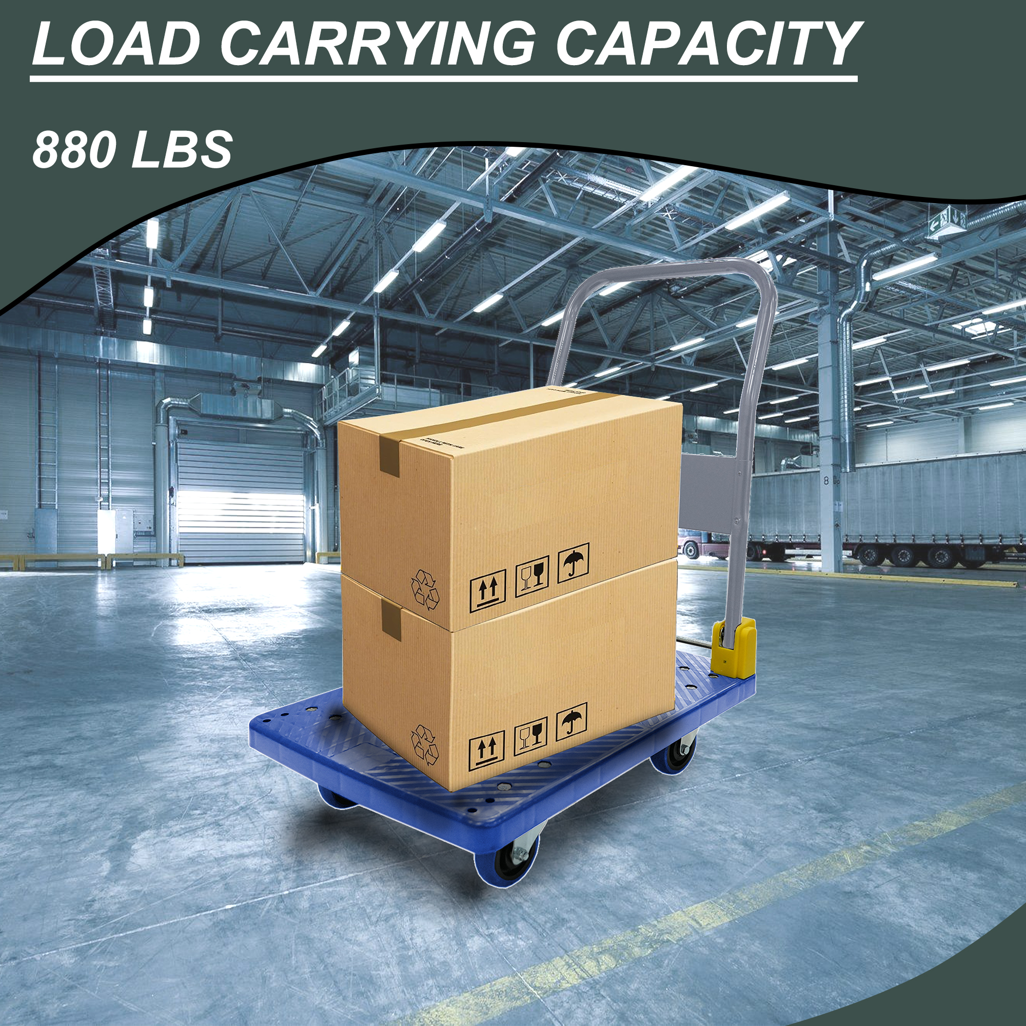 Hand Truck, 440 lbs, Foldable, Swivel Brake Wheels, Push Handle