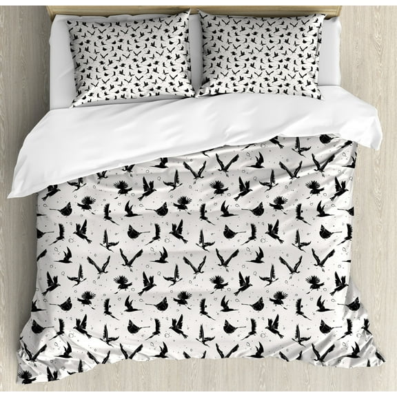 Birds Queen Size Duvet Cover Set, Hand Drawn Various Animals Crane and Pigeon Monochrome Fauna Pattern, Decorative 3 Piece Bedding Set with 2 Pillow Shams, Charcoal Grey and Ivory, by Ambesonne