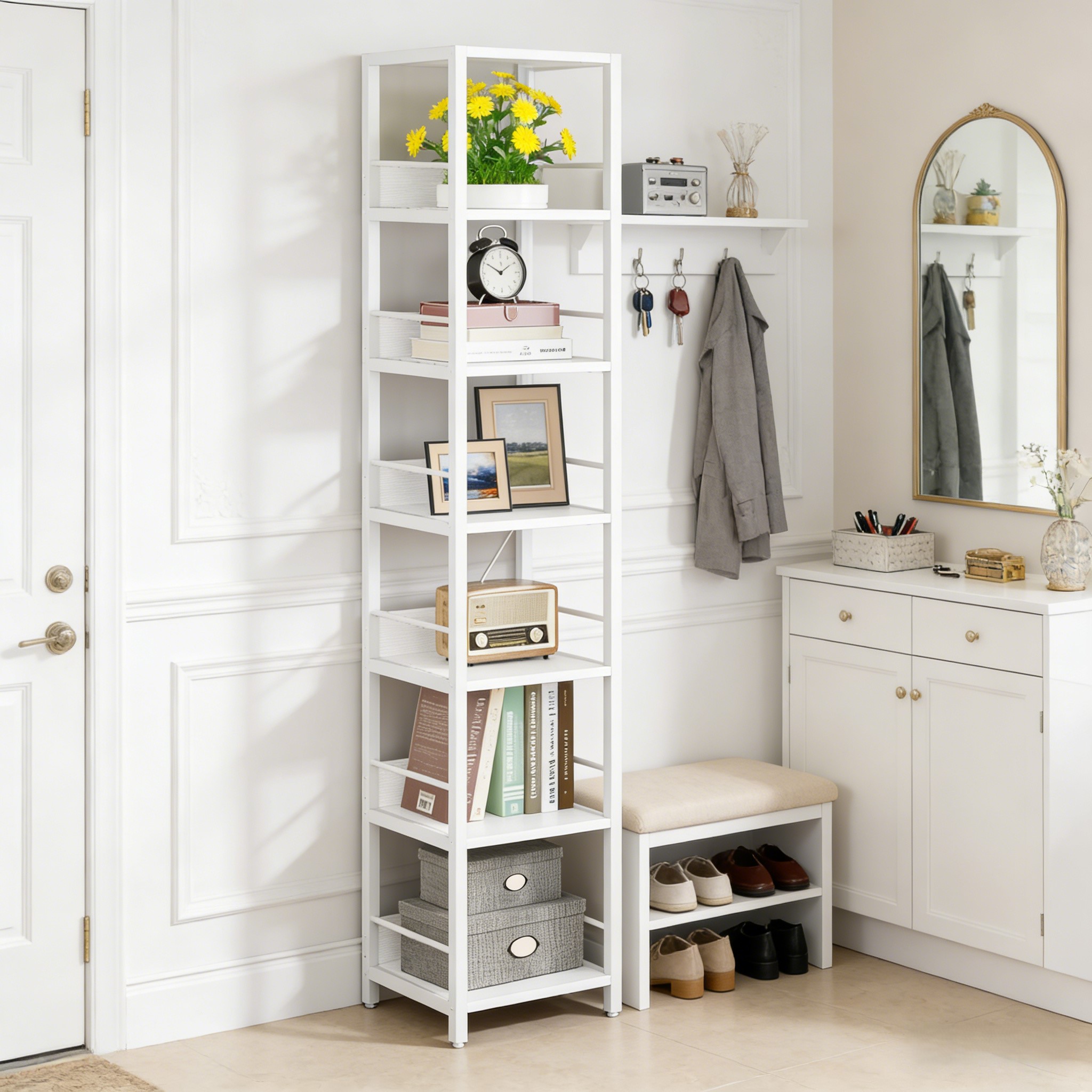 Fnova 75" 6-Tier Corner Bookshelf, Tall Narrow Rustic Wood Open Storage Rack, Square Bookcase Display Stand for Small Spaces in Living Room, Bathroom
