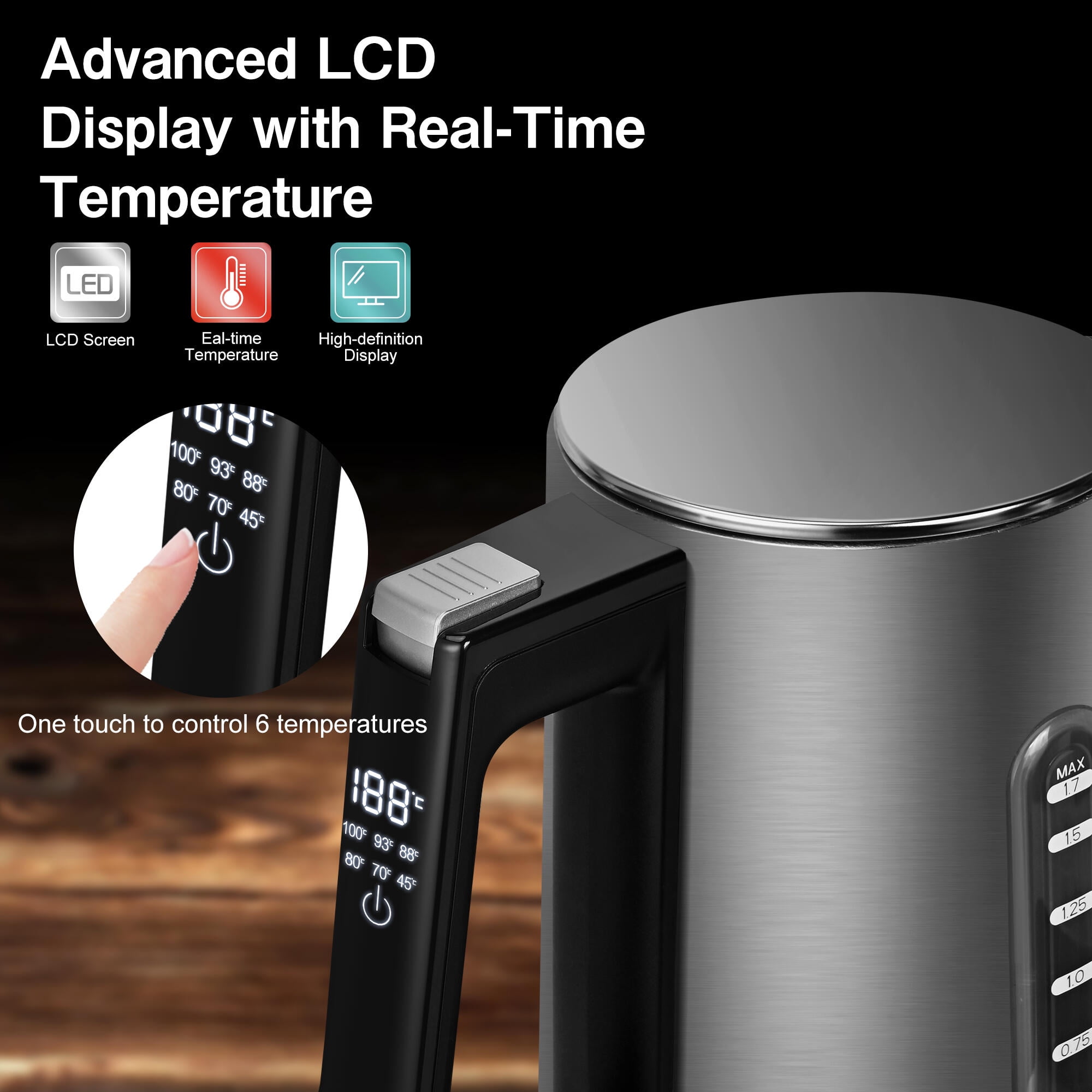 Stainless Steel Electric Kettles Temperature Presets, 1500W