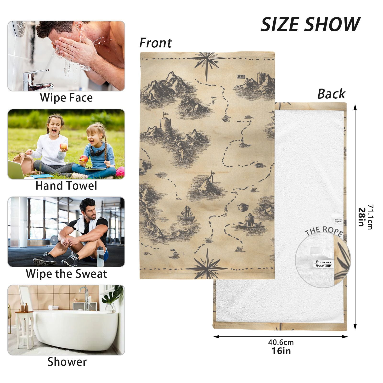 Treasure Map Hand Towels Cotton Bath Towels Large Face Towels Absorbent for Bathroom 2 Packs