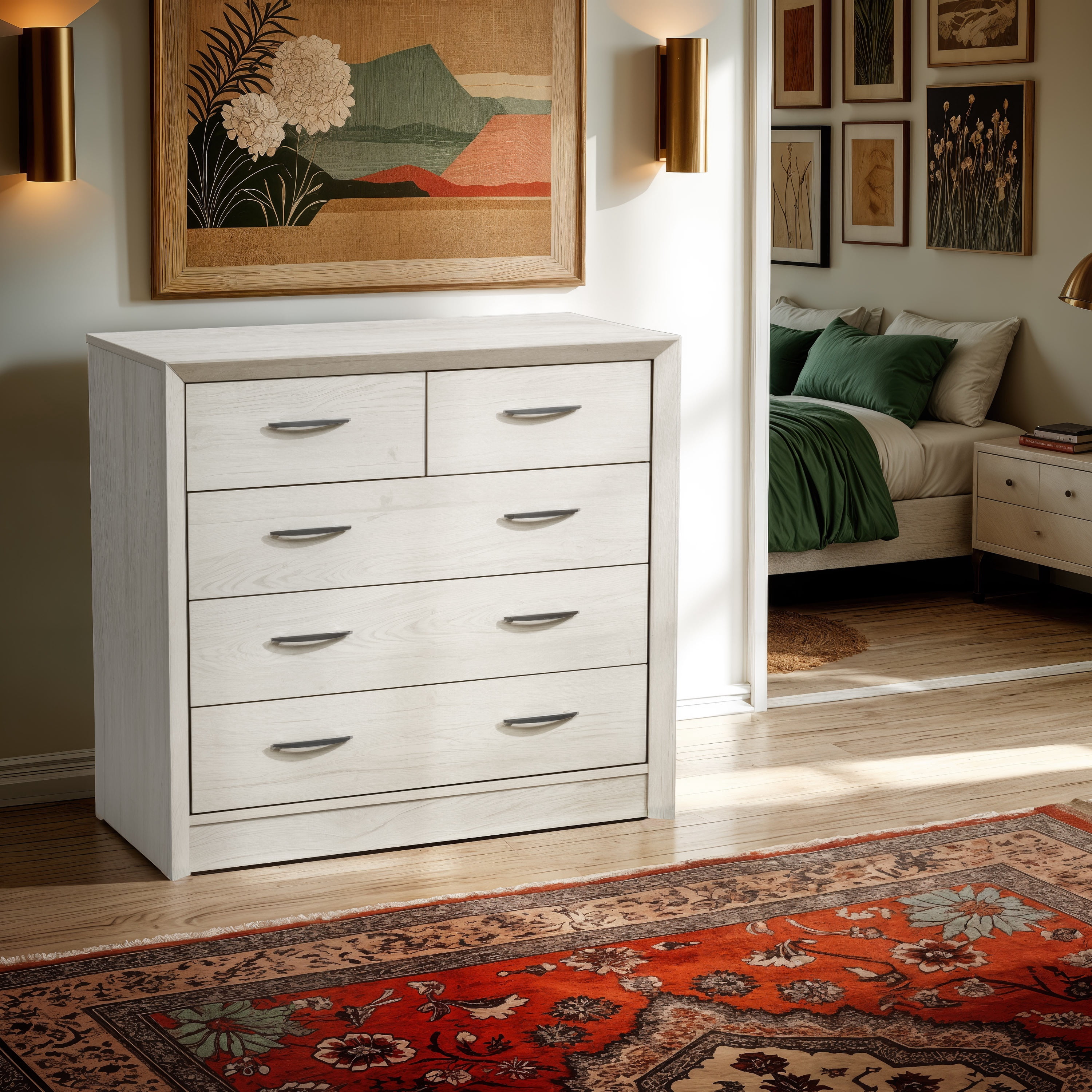 CorLiving Newport Mid Century Modern Engineered Wood 5 Drawer Adult Combo Dresser, White Washed