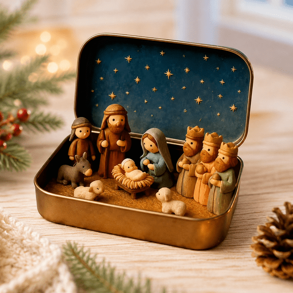 Mini Jesus Birth Family Sculpture Scene Ornament Portable Tin Box Christmas Decoration Suitable for Desktop Fireplace Shelves Festival Center Decoration Display Gift
