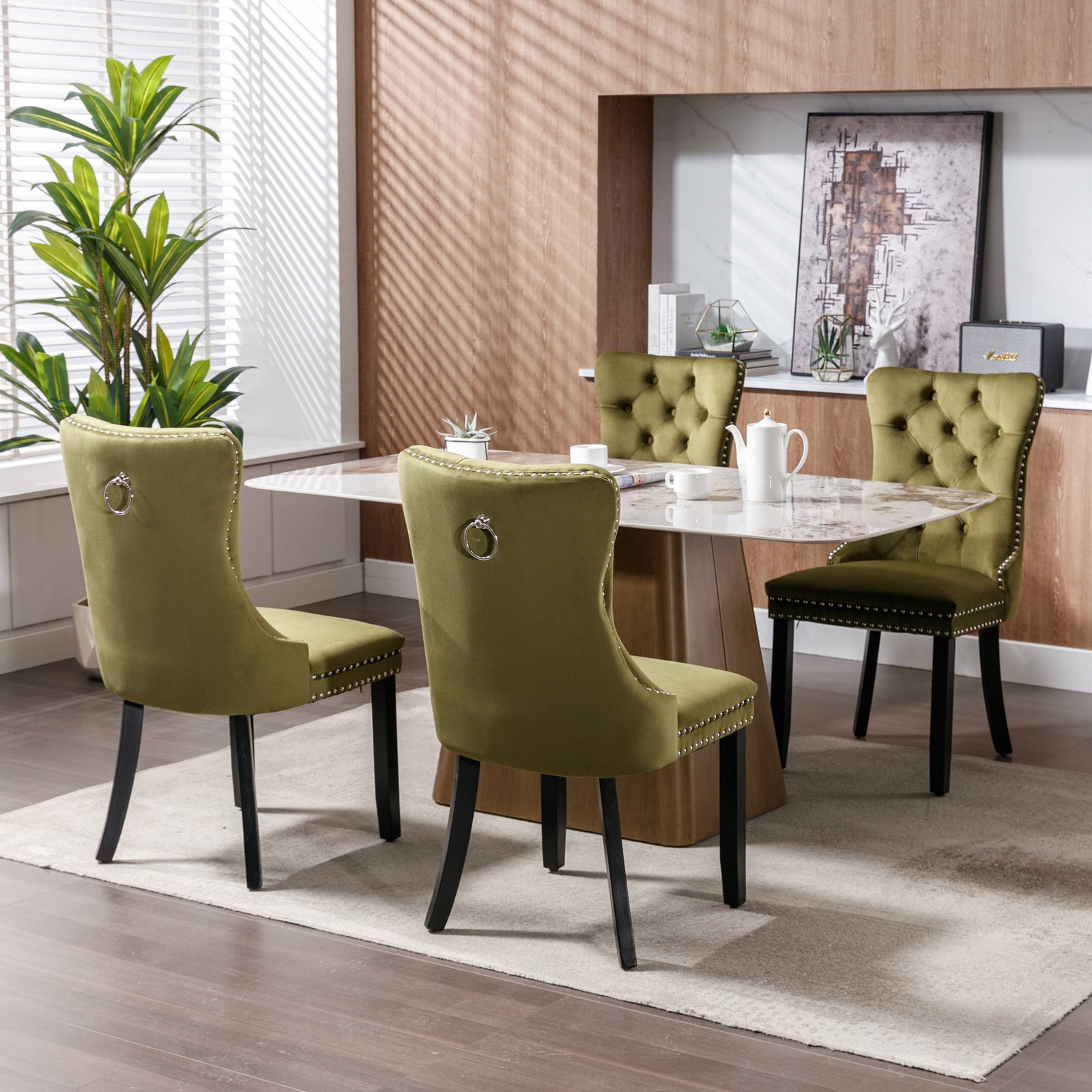 Miniyam Velvet Dining Chairs Set of 2, Tufted High Back Kitchen Chairs with Nailhead Trim, Green