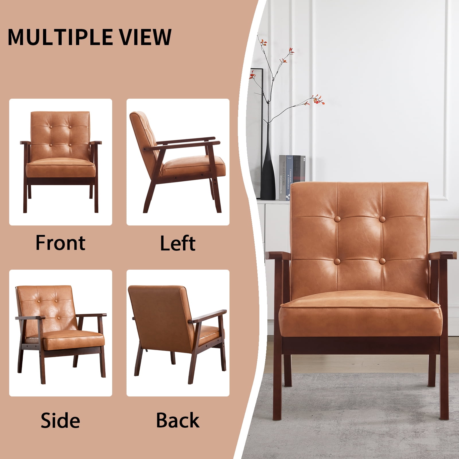 Bonzy Home Accent Chair Set of 2 Mid Century Modern PU Leather Armchair with Wood Frame for Living Room Bedroom Study Room, Easy Assembly, Brown