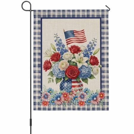 Independence Day House Flags For Outdoor, USA Flag Penang Flower Stars Linen Texture Blue Plaid Small Double Side Yard Flags Weather Proof House Decor for Lawn Outside Holiday 28 x 40 Inches