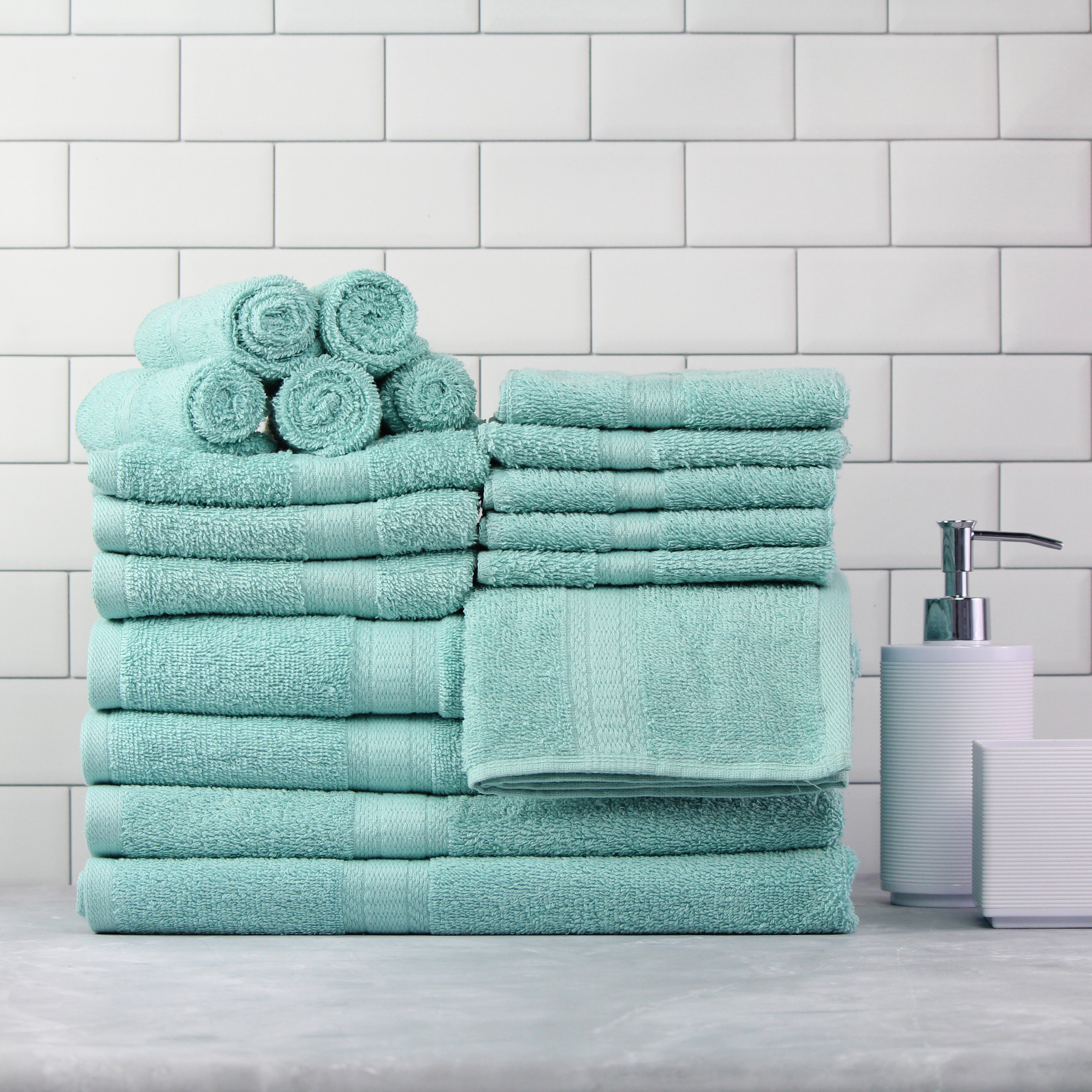 Mainstays Basic Solid 18-Piece Bath Towel Set Collection, Aqua - image 2 of 10