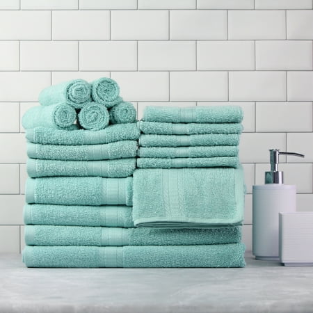 Solid 18-Piece Bath Towel Set, Aqua, Mainstays