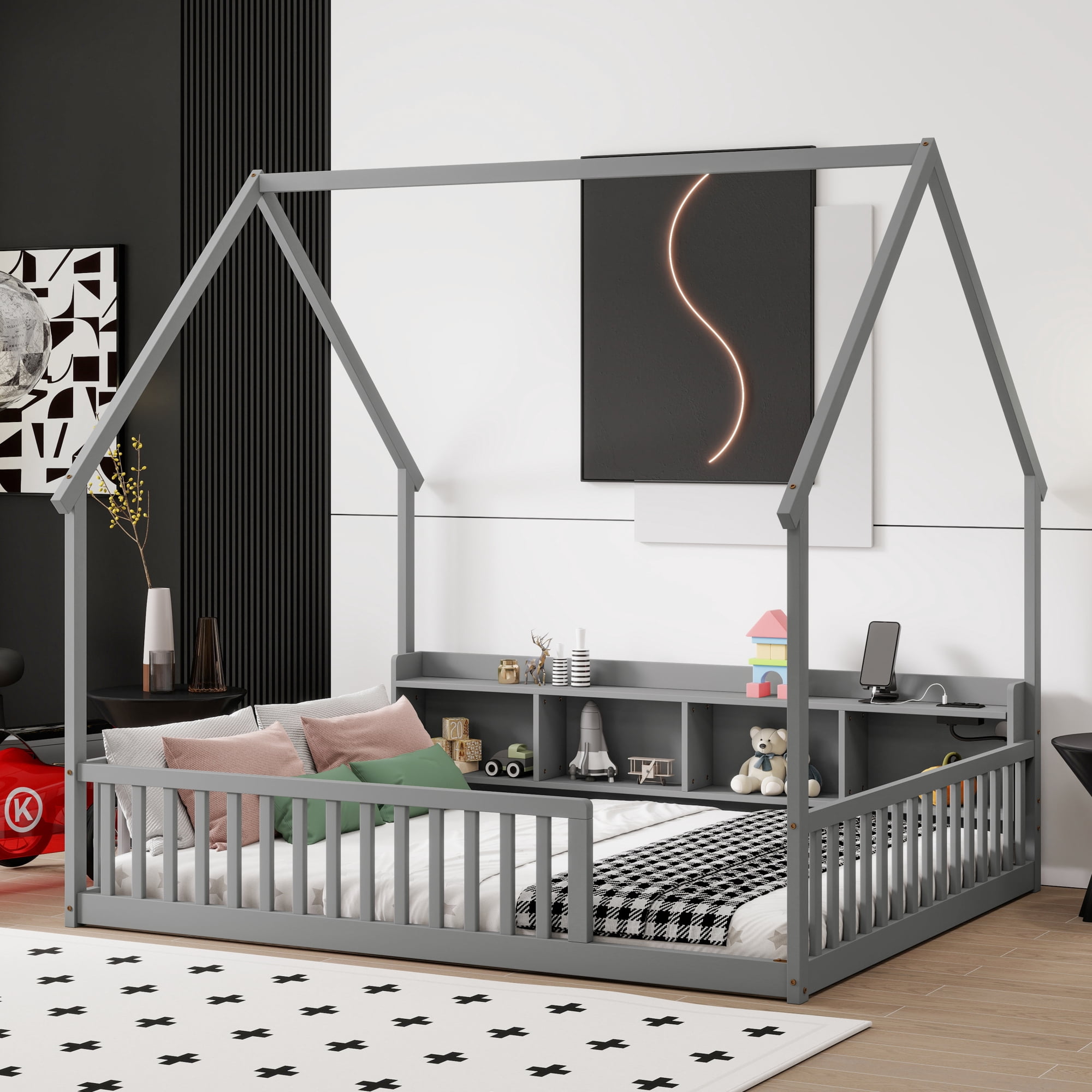 Leumius Full Size House Floor Bed with Storage Shelves,Built-in LED Lights & Charging Station,Pine Wood Floor Bed Frame with Safety Guardrails for Kids Bedroom Grey