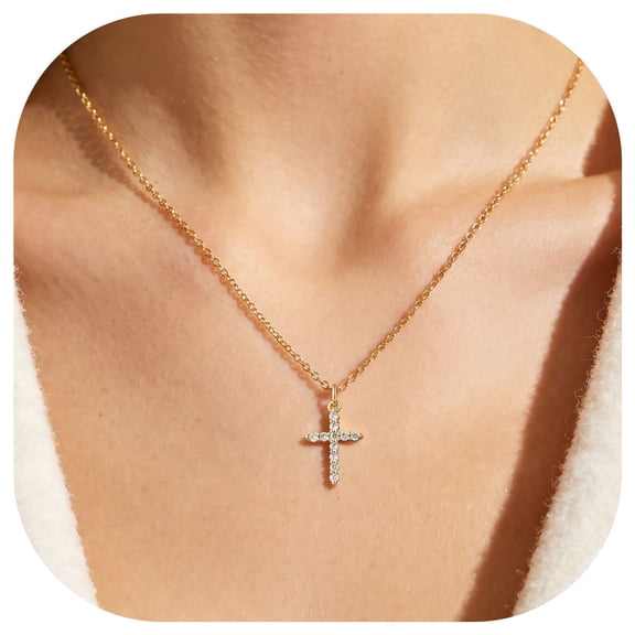 FindChic Dainty Cross Necklace for Women, 14K Gold Plated Cubic Zirconia Small Cross Faith Pendant Necklaces Religious Jewelry Gift, 18" 2"