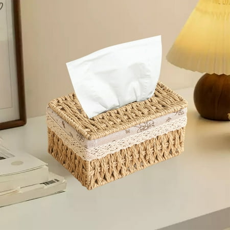 Khaki Straw Woven Tissue Box Rattan Restaurant Storage Holder for Professional Household Aesthetic Maintenance Management and Dining Room Interior Organization Utility Accessory 1pc