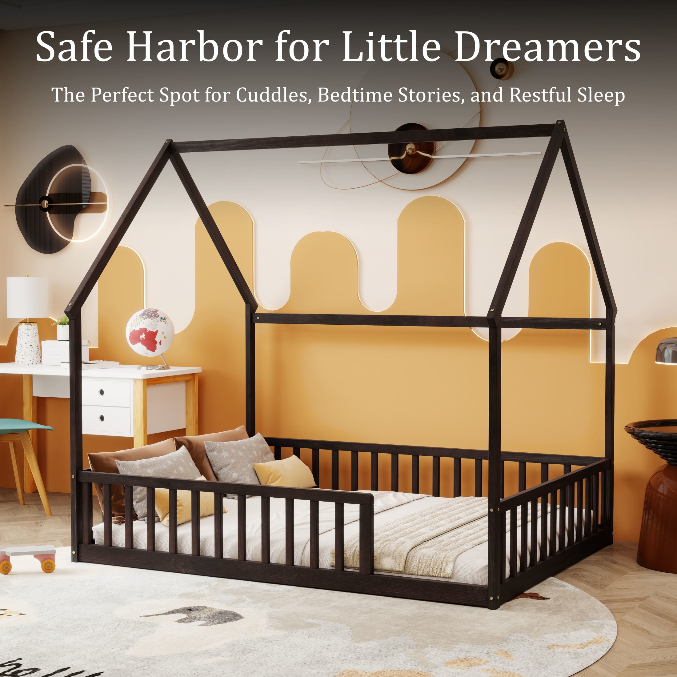Noble House Morde Full Size House Floor Bed with Gable Roof Frame & Safety Guardrails, Pine Wooden Bed Frame, Espresso