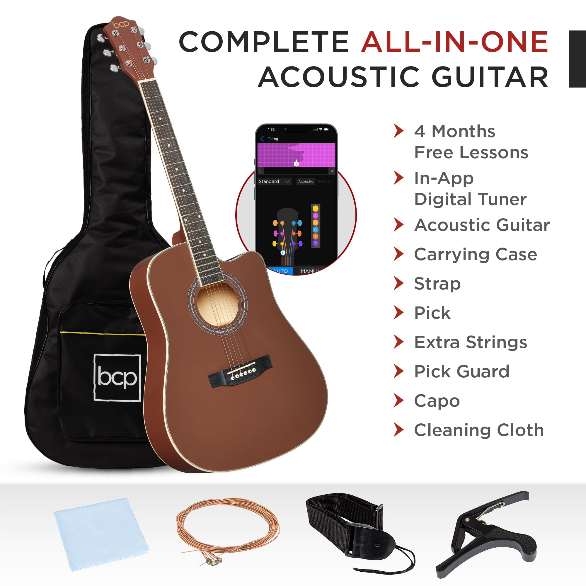 Best Choice Products 41in Full Size Beginner Acoustic Guitar Set with Case, Strap, Capo, Strings - Dark Brown