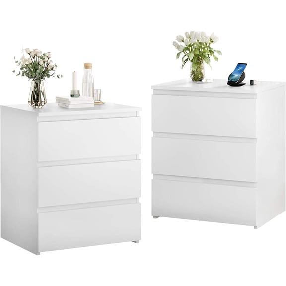 White Nightstand Set of 2,Wooden Bedside Table with 3 Drawers,Bedside Storage Cabinet Unit with Sturdy Base for Bedroom,End Side Tables for Living Room