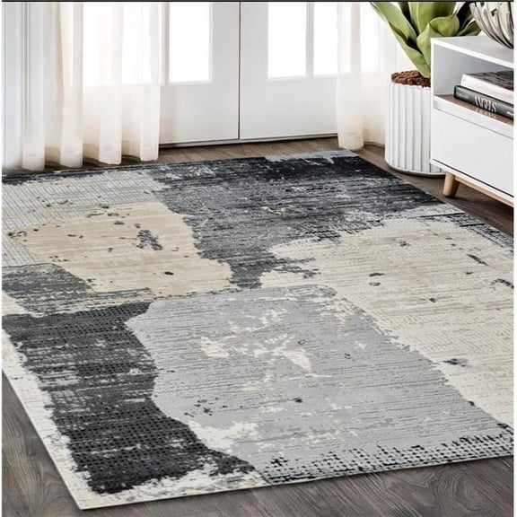 5' X 8' Beige and Black Abstract Distressed Area Rug