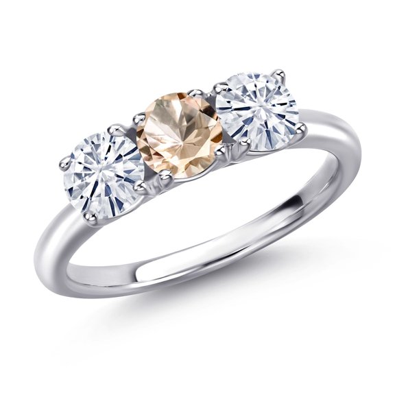 Gem Stone King 925 Sterling Silver Peach Morganite and White Moissanite Engagement Ring for Women | 1.40 Cttw | Round 5MM | Gemstone October Birthstone | Size 5
