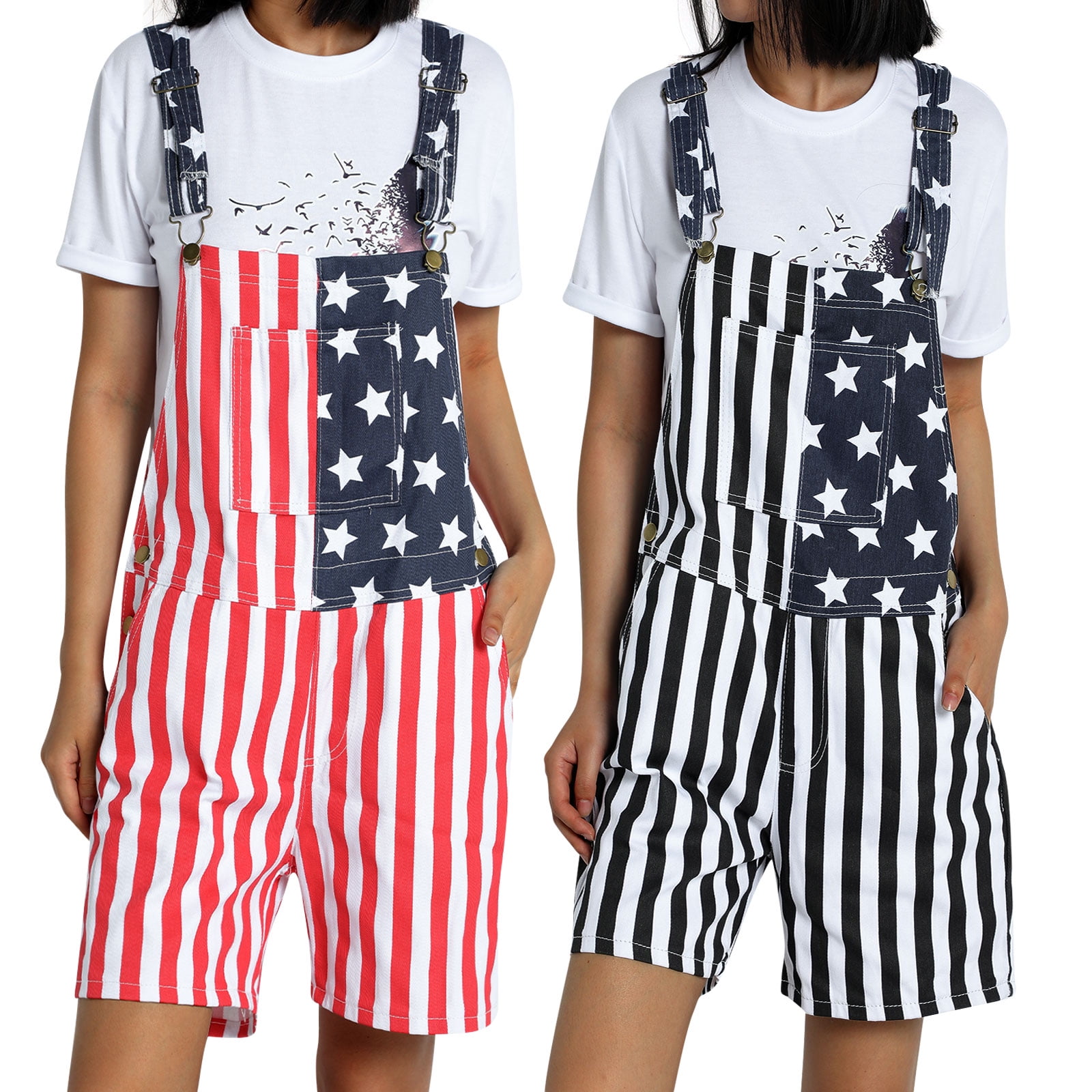 Mens Rompers Jumpsuits 4th of July American Flag Casual Overalls Bib Denim Shorts Couples Onesie Romper Jeans 