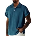 thumbnail image 2 of FRSASU Men's Stripe Knit Polo Shirts Summer New Loose Solid Color Breathable Turn-Down Collar Business Short Sleeve Polo Tops Navy, 2 of 7