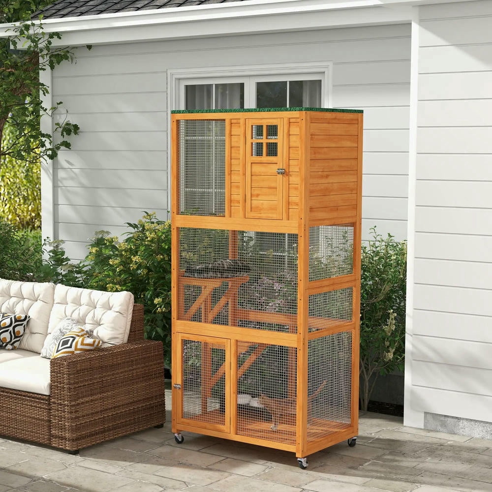 GVN Cat Catio Enclosure, Cat Cage House,74" Wooden Outdoor Cat House Catio Outdoor Cat Enclosure, Orange
