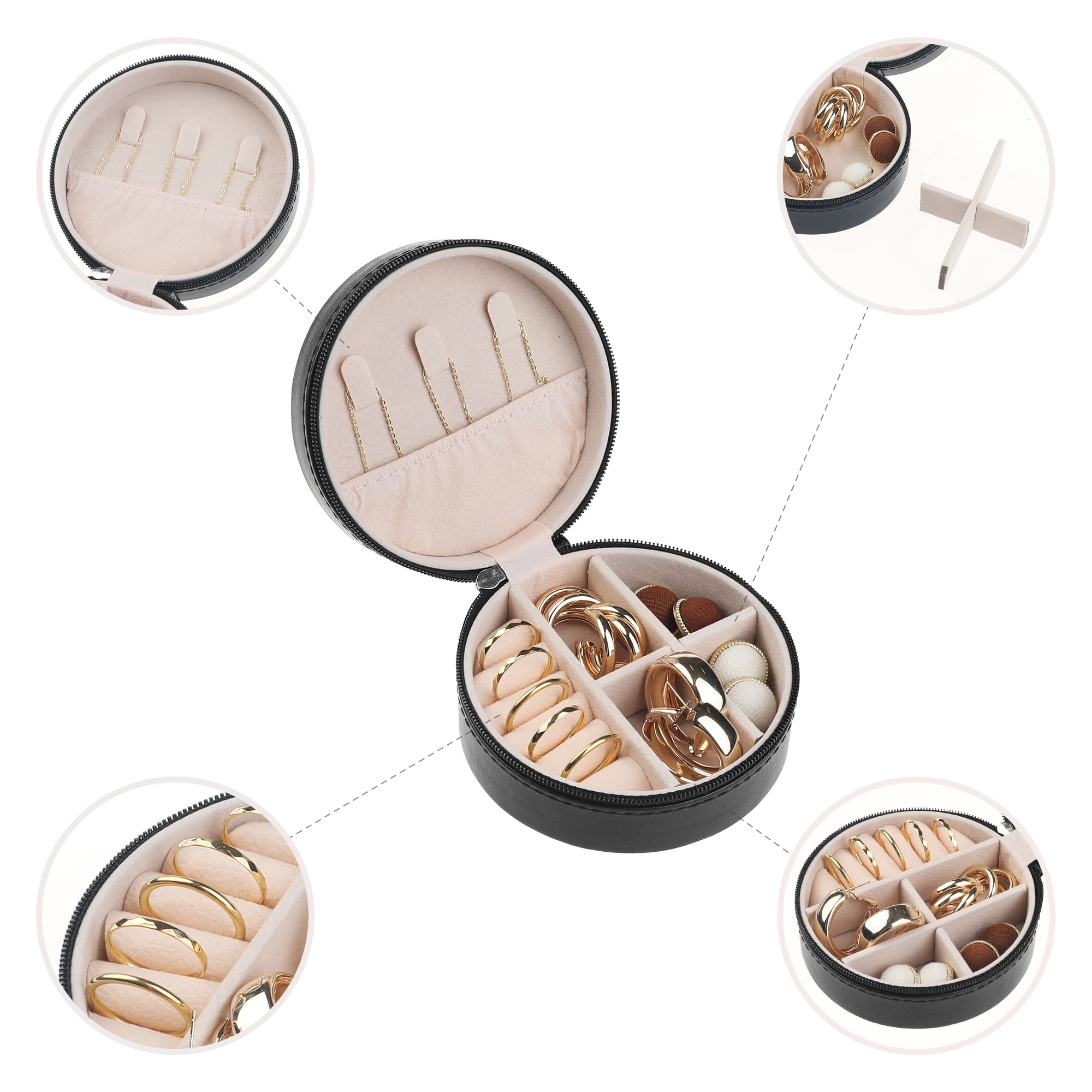 Unique Bargains Travel Jewelry Box Small Round Portable PU Leather Jewelry Organizer Case Black
