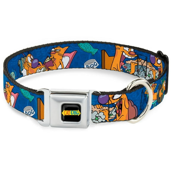 Nickelodeon Pet Collar, Dog Collar Metal Seatbelt Buckle, Catdog Hanging Out Poses Blue, 16 to 23 Inches 1.5 Inch Wide