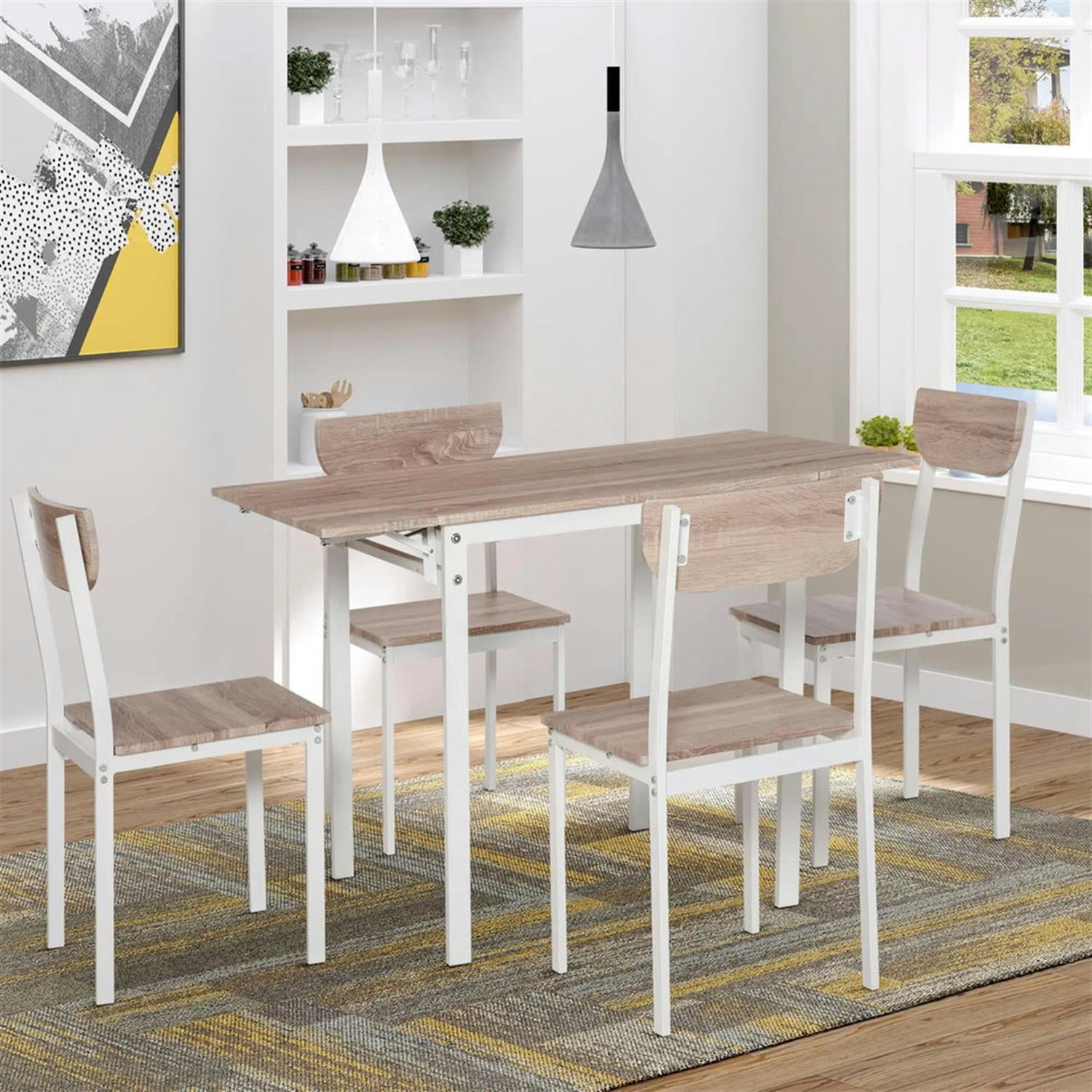 Demi Bonn 5 Piece Dining Table Set for Small Spaces, Extendable Kitchen Table and Chairs for 4 Dining Room Set with 2 Drop Leaf, 4 Chairs, White
