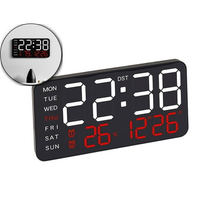 Dvruxg Large Digital Wall Clock, Led Alarm Clock with Big Digits, Date, Temperature, DST, Modern Decor Design for Desk, 5-Level Brightness for Room, Bedroom, Gift