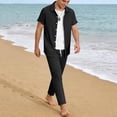 thumbnail image 2 of TaTaai Mens Two Piece Tracksuits Mens Solid Color Lapel Short Sleeve Button Top with Elastic Waist Long Pants Beach Set Gift, 2 of 6