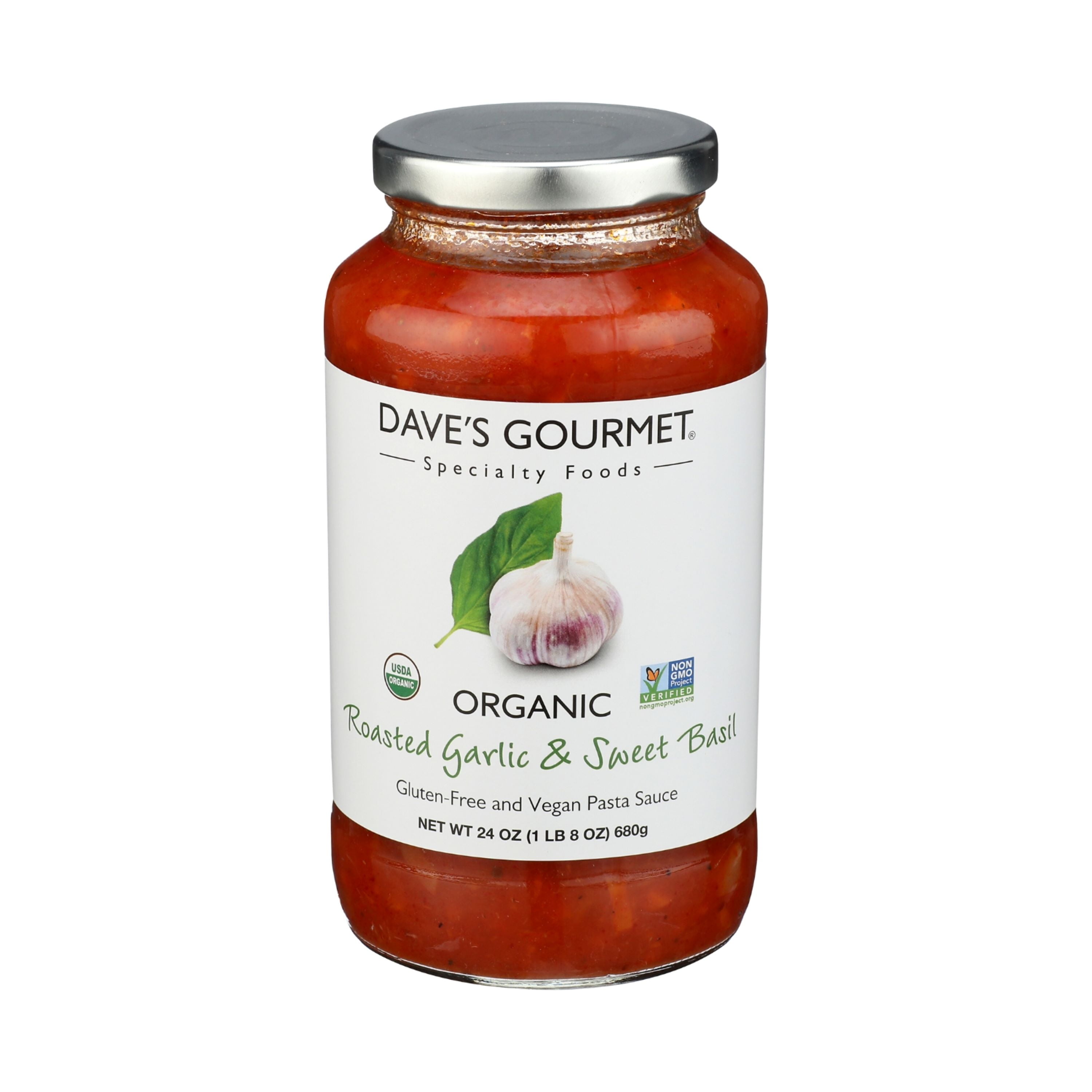 (2 pack) Dave’s Gourmet Organic Roasted Garlic and Sweet Basil Tomato Pasta Sauce, Perfect for Spaghetti, Shelf-Stable, Gluten-Free, Vegan, 24oz Jar