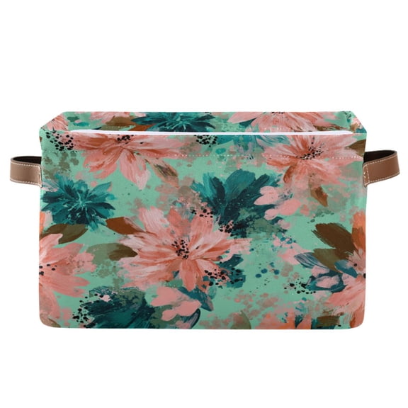 1-Pack Square Closet Organizers with Handles Open Basket Bins Pink Abstract Floral Patterns Storage Basket for Home Office