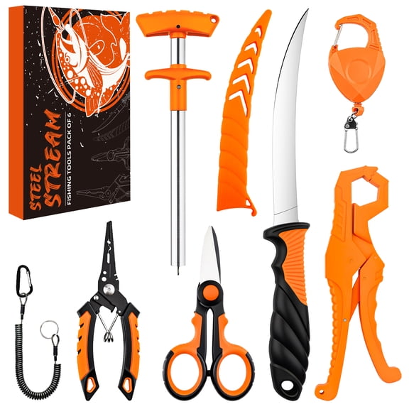 Premium Outdoor Fishing Gear Set Featuring A Knife Sheath for Easy Storage, A Fish Lip Grip, Lure Pliers, Scissors, And Fishing Equipment for Outdoor Fishing, Camping, Ice Fishing, Gift, Orange.